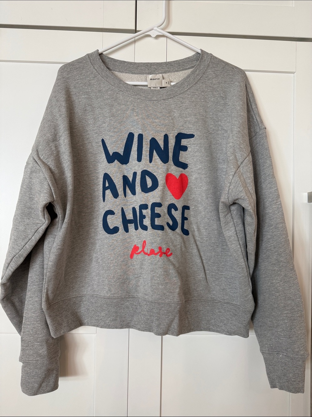 Maeve Gray 'Wine and Cheese' Graphic Sweatshirt with Navy & Red Accents